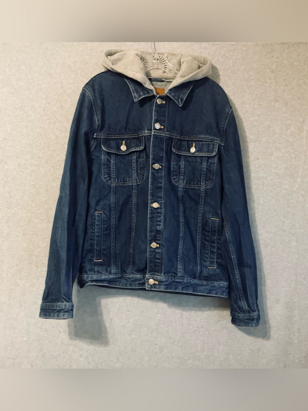 Asos Dark Blue Denim Jacket with Gray Hoodie - Men's Casual Layered Jacket SZ L